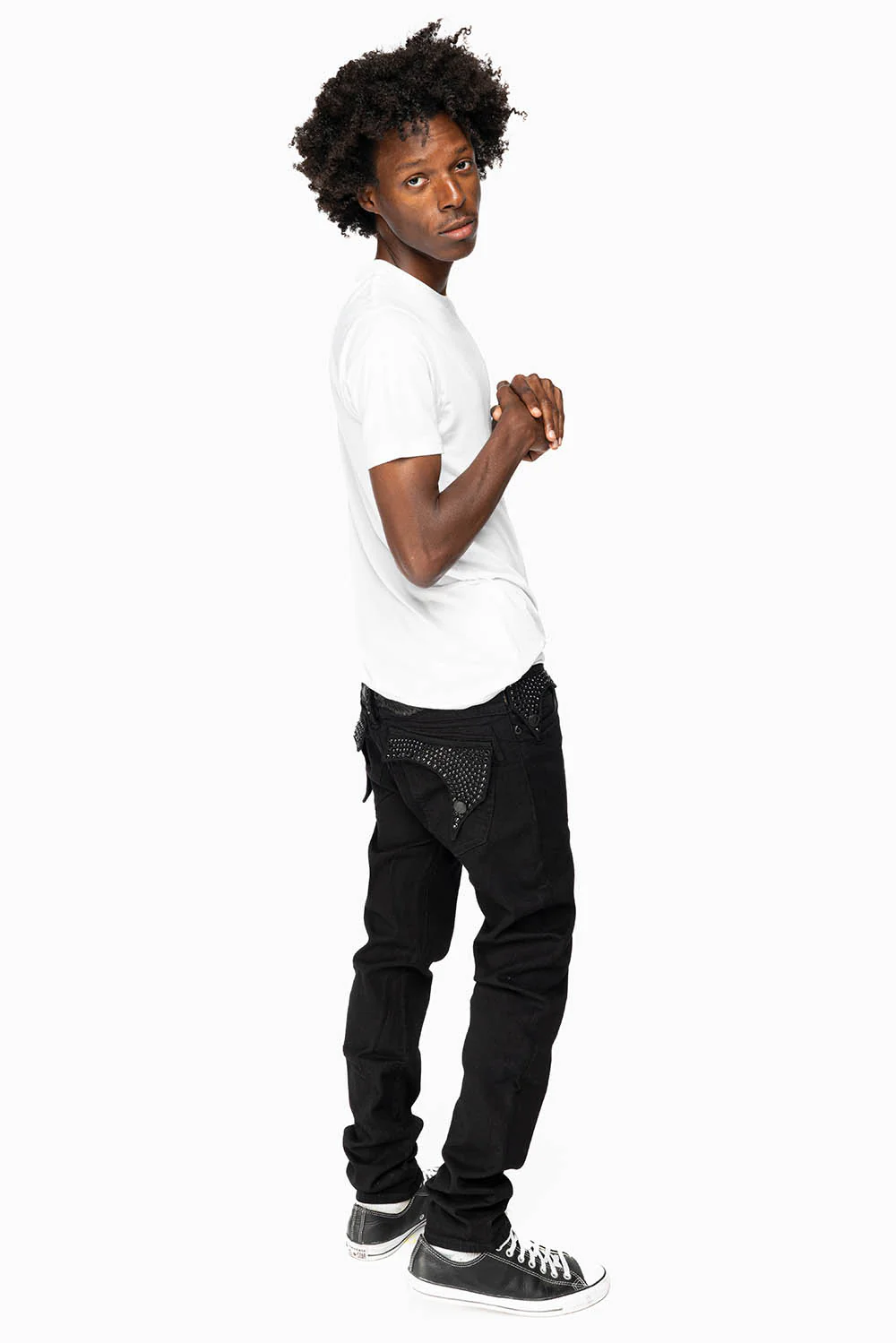 KILLER FLAP MENS SKINNY JEANS IN PURE BLACK FULLY EMBELLISHED JET BLK CRYSTALS - Image 3
