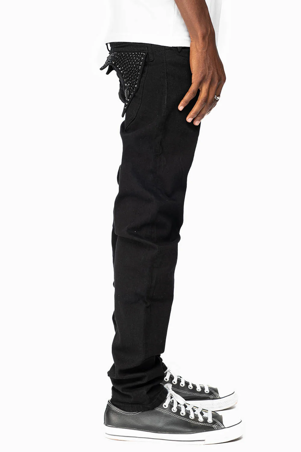 KILLER FLAP MENS SKINNY JEANS IN PURE BLACK FULLY EMBELLISHED JET BLK CRYSTALS - Image 5