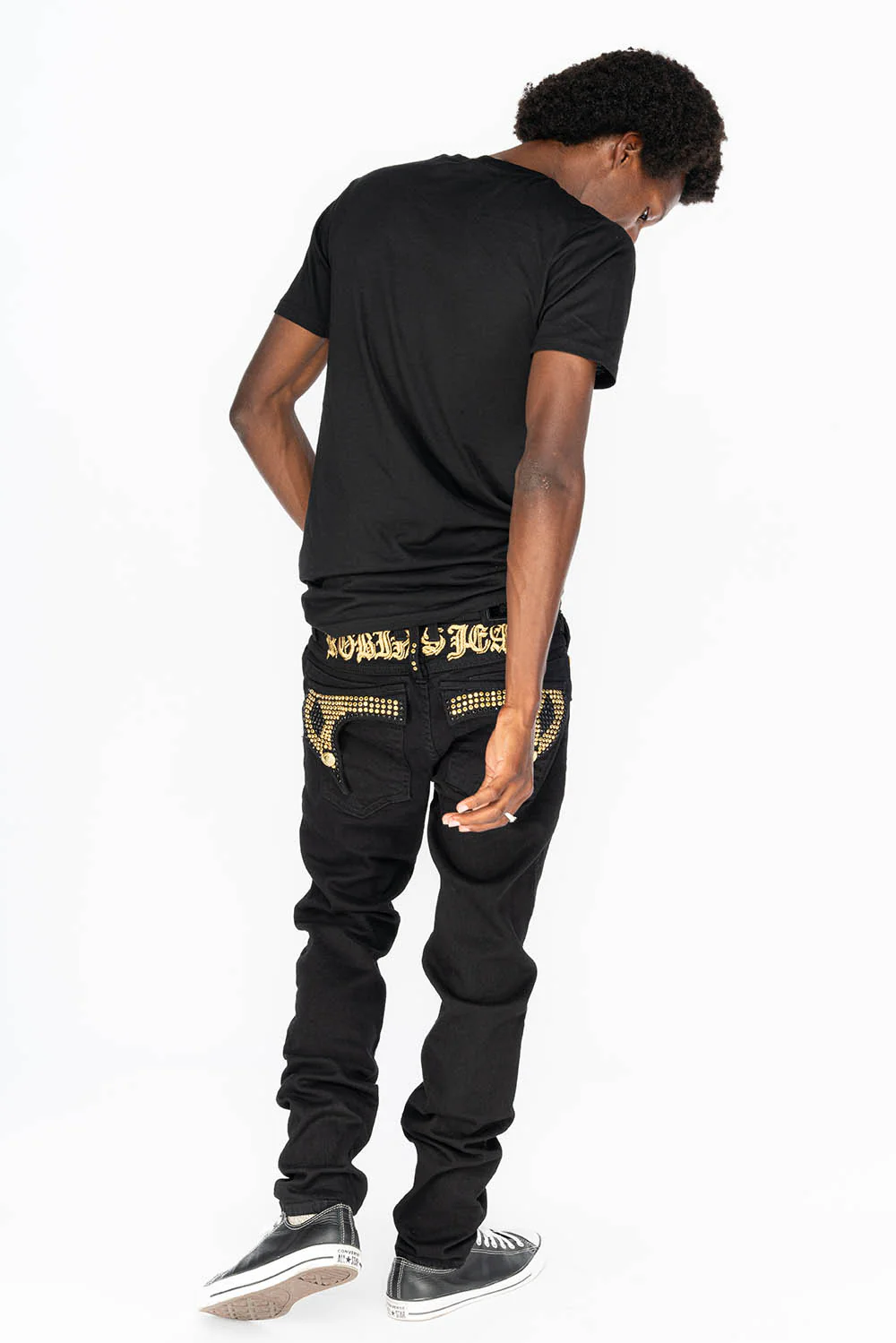 KILLER FLAP MENS SKINNY JEANS IN PURE BLACK WITH GOLD GOTHIC EMBROIDERY FULLY EMBELLISHED CRYSTALS - Image 2