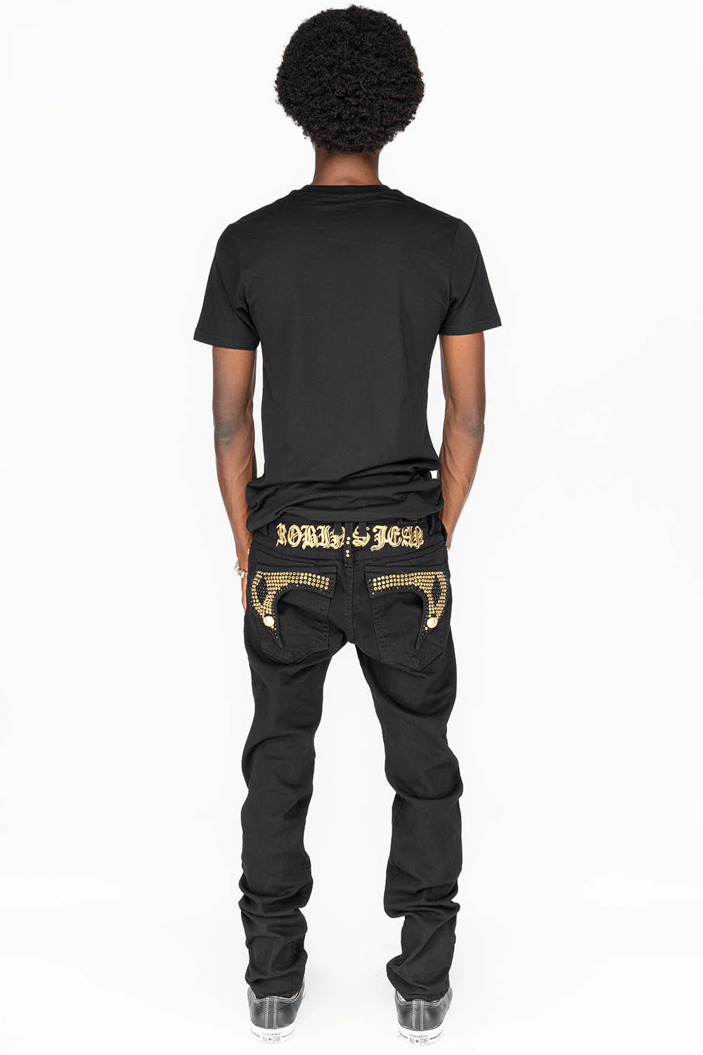 KILLER FLAP MENS SKINNY JEANS IN PURE BLACK WITH GOLD GOTHIC EMBROIDERY FULLY EMBELLISHED CRYSTALS - Image 4