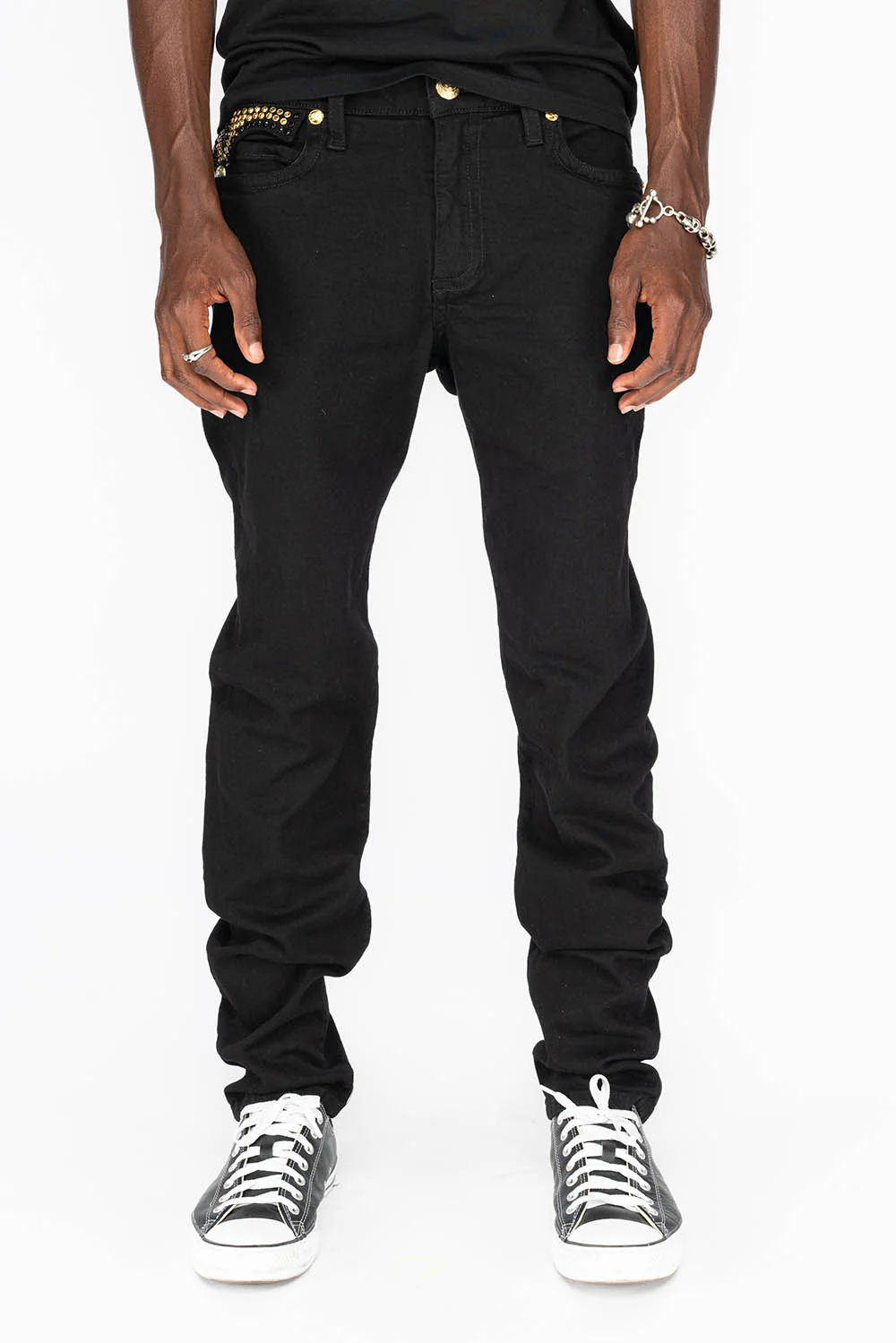 KILLER FLAP MENS SKINNY JEANS IN PURE BLACK WITH GOLD GOTHIC EMBROIDERY FULLY EMBELLISHED CRYSTALS - Image 6