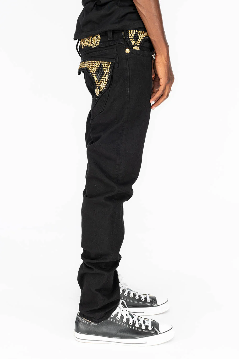 KILLER FLAP MENS SKINNY JEANS IN PURE BLACK WITH GOLD GOTHIC EMBROIDERY FULLY EMBELLISHED CRYSTALS - Image 7