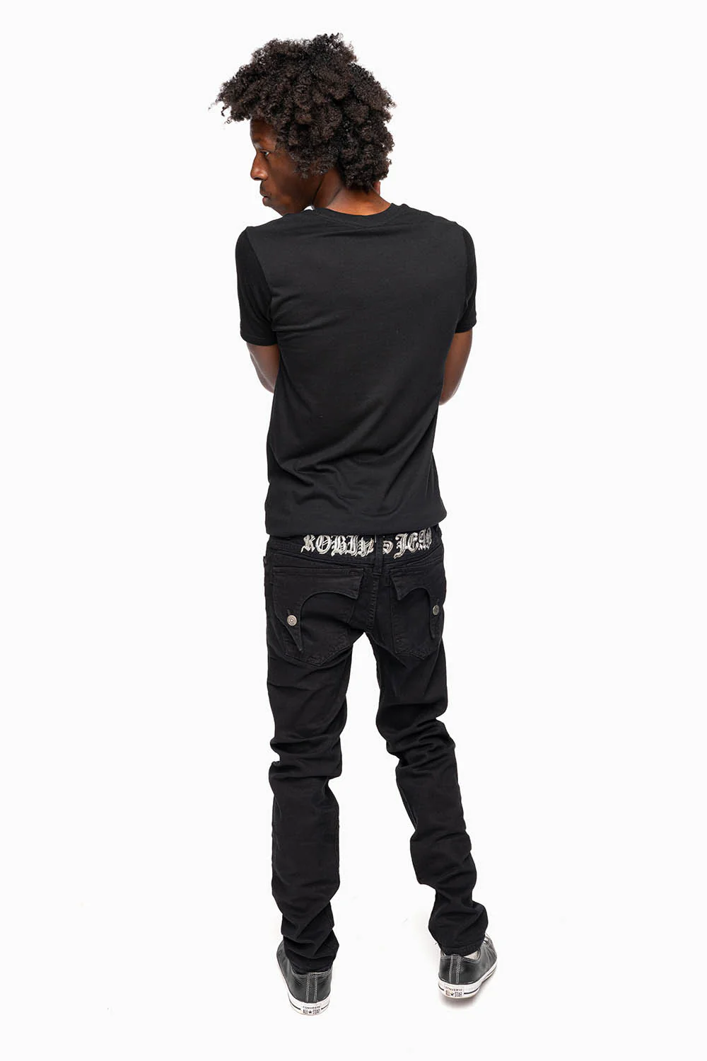 KILLER FLAP MENS SKINNY JEANS IN PURE BLACK WITH SILVER O.E. LOGO - Image 5