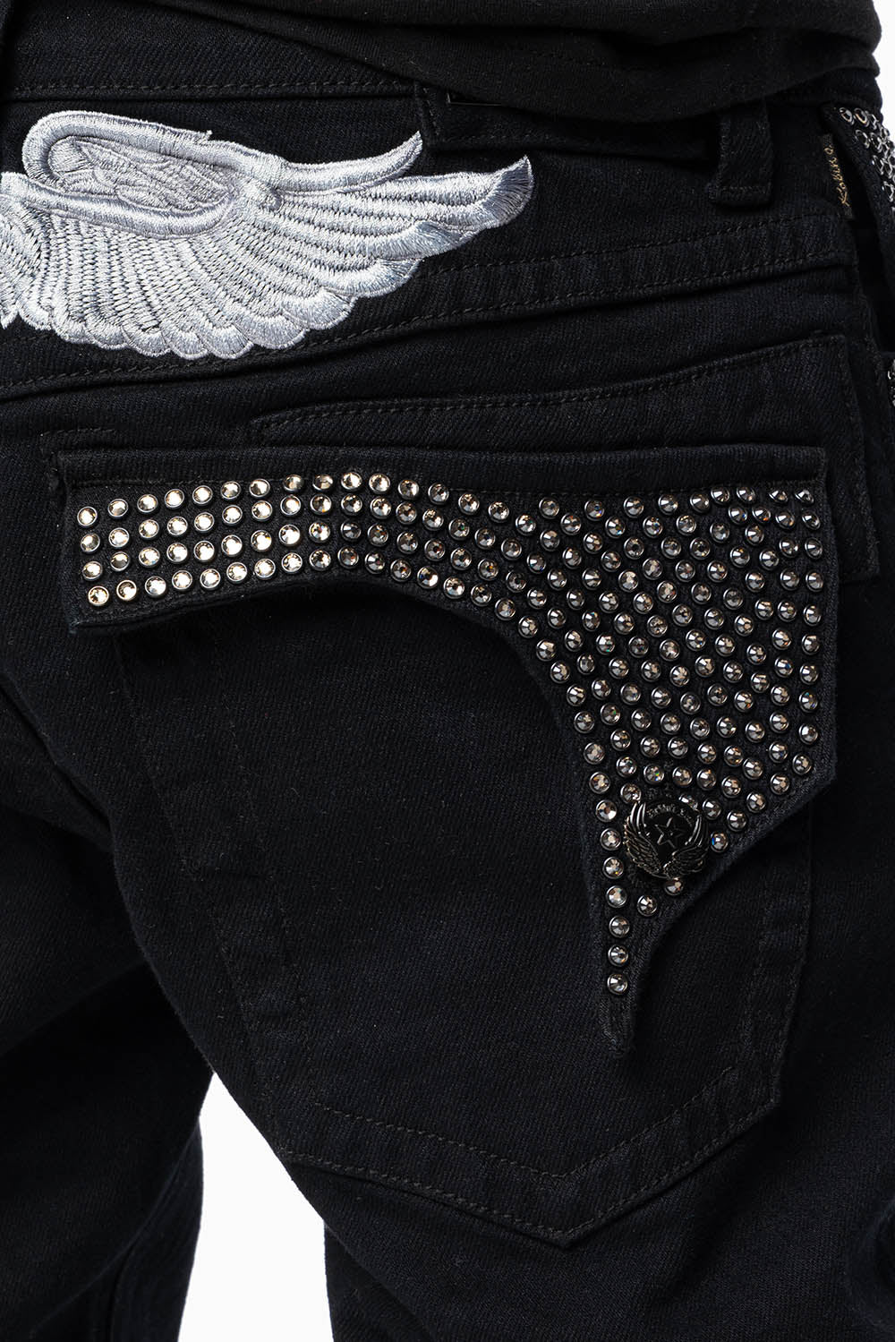 KILLER FLAP MENS SKINNY JEANS IN PURE BLACK WITH SILVER WINGS AND FULL BLK DIAMOND CRYSTALS - Image 3
