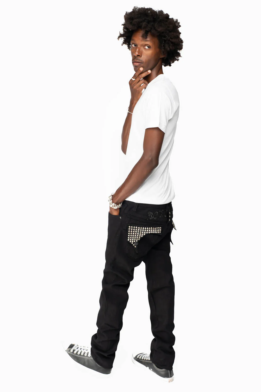 KILLER FLAP MENS SKINNY JEANS IN BLACK WITH EMBROIDERY, STUDS AND CRYSTALS - Image 3