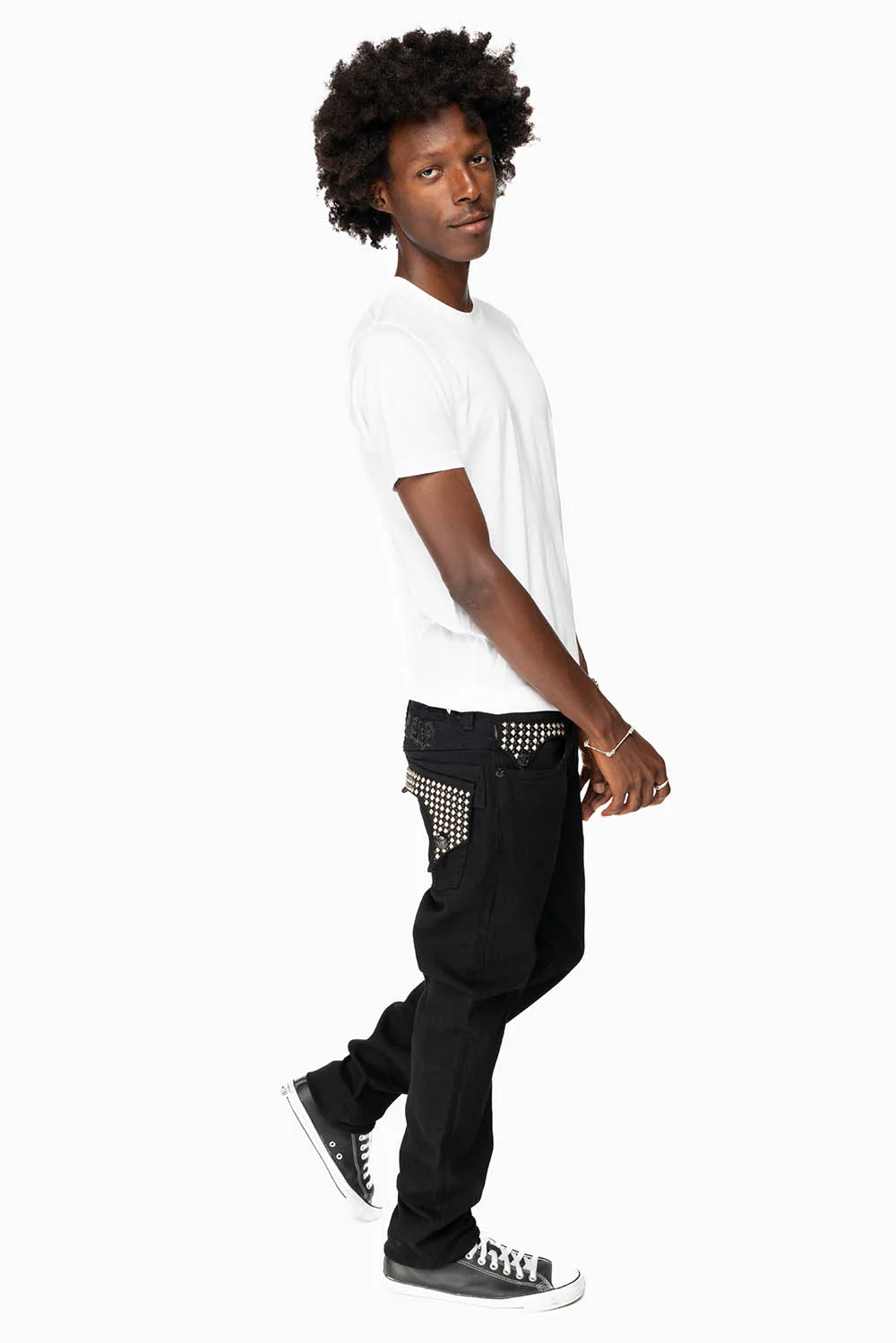 KILLER FLAP MENS SKINNY JEANS IN BLACK WITH EMBROIDERY, STUDS AND CRYSTALS - Image 4