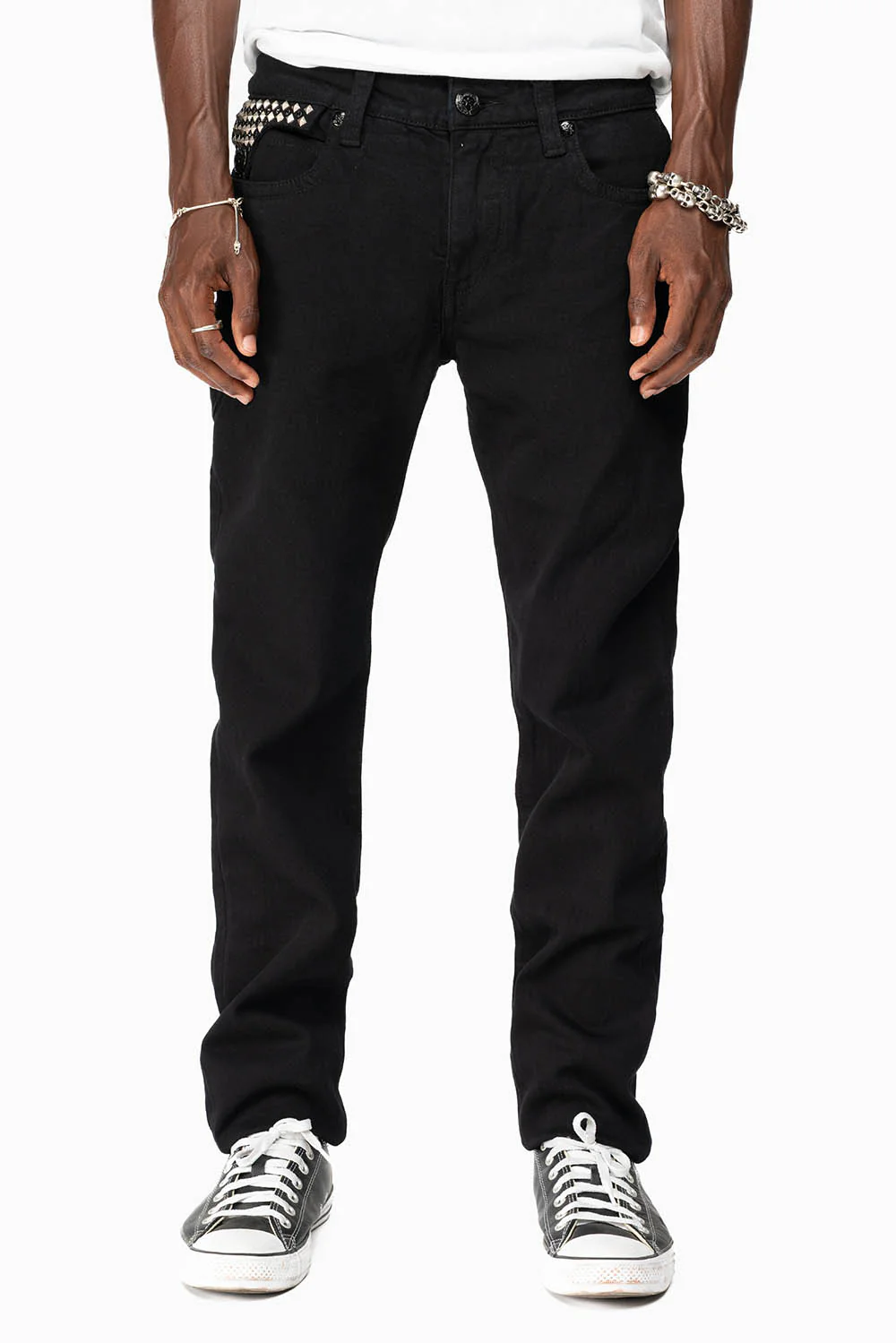KILLER FLAP MENS SKINNY JEANS IN BLACK WITH EMBROIDERY, STUDS AND CRYSTALS - Image 5