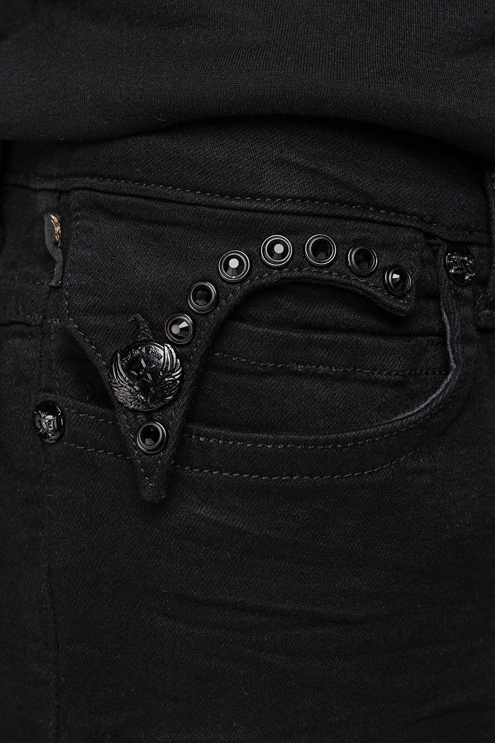 KILLER FLAP MENS SLIM JEANS IN PURE BLACK WASH WITH LARGE JET BLK CRYSTALS - Image 3