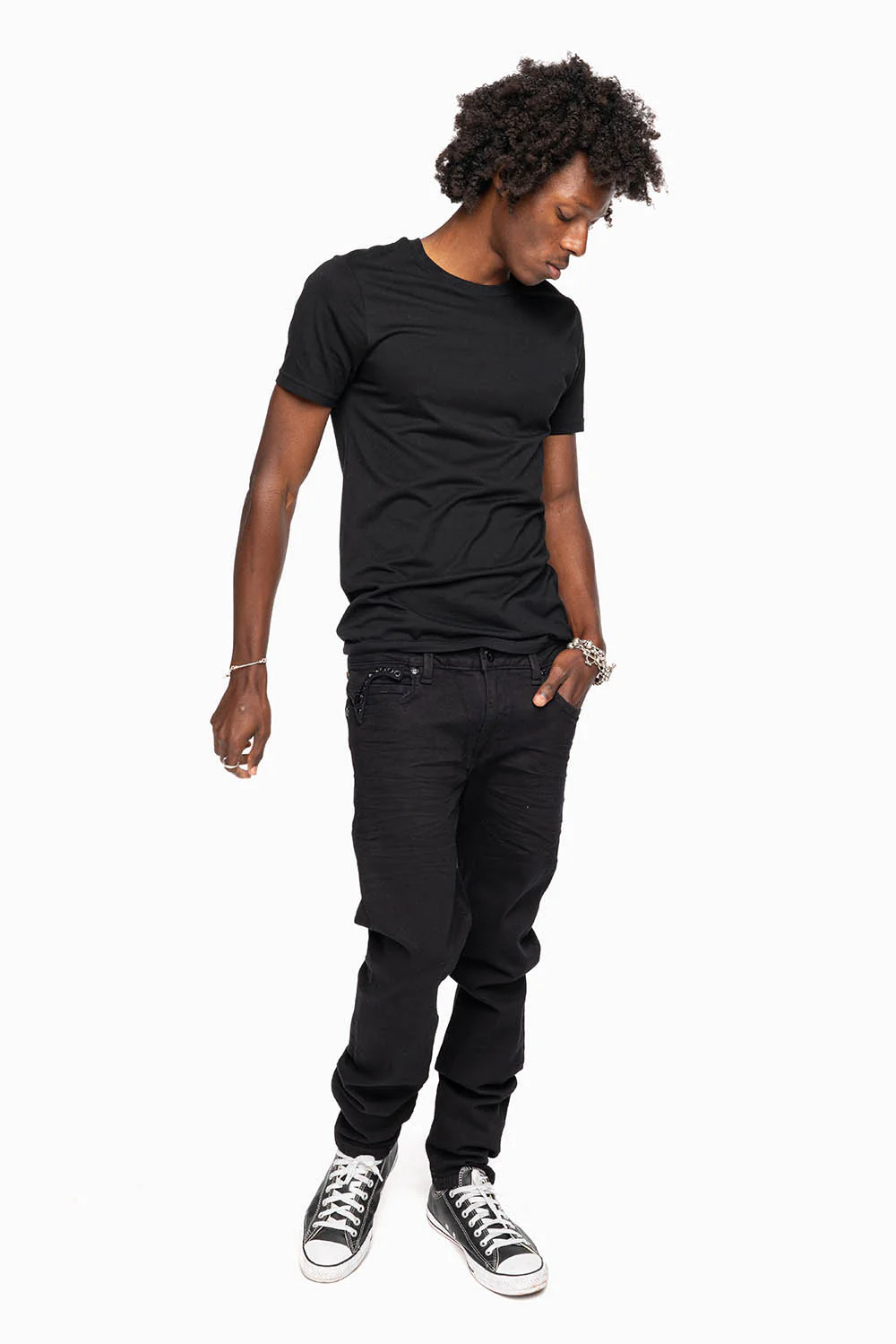 KILLER FLAP MENS SLIM JEANS IN PURE BLACK WASH WITH LARGE JET BLK CRYSTALS - Image 4