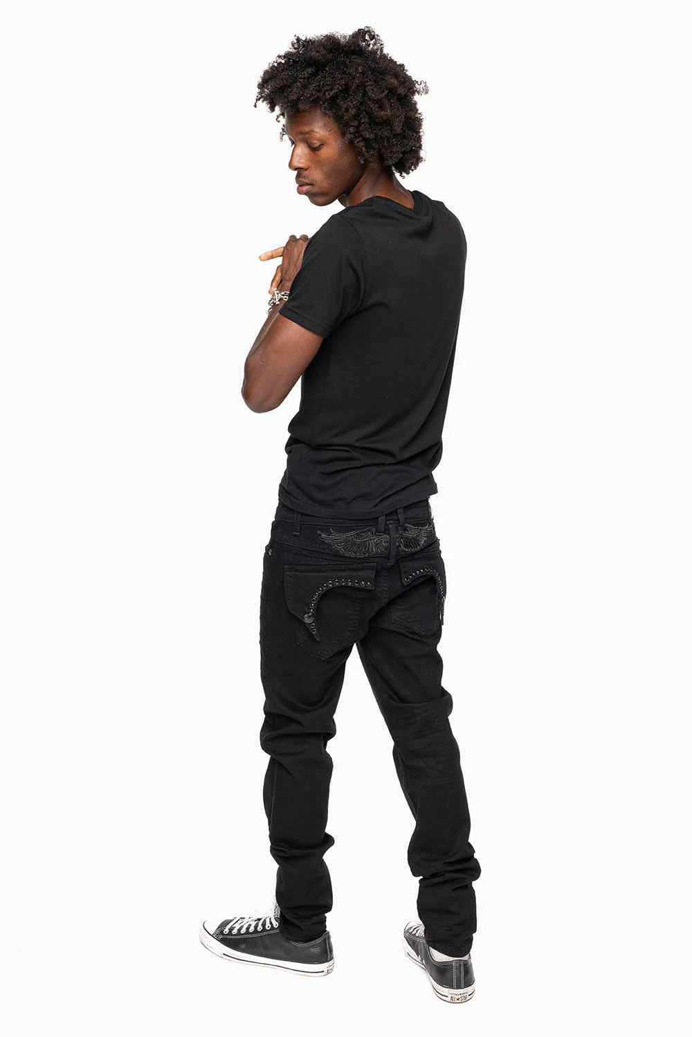 KILLER FLAP MENS SLIM JEANS IN PURE BLACK WASH WITH LARGE JET BLK CRYSTALS - Image 5