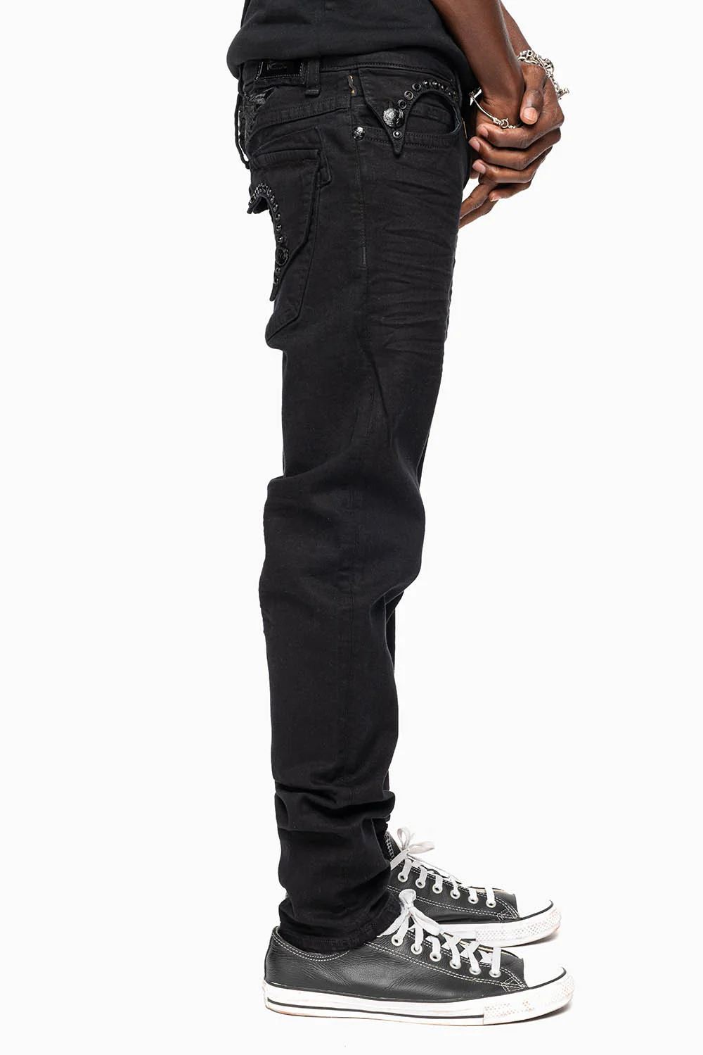 KILLER FLAP MENS SLIM JEANS IN PURE BLACK WASH WITH LARGE JET BLK CRYSTALS - Image 6
