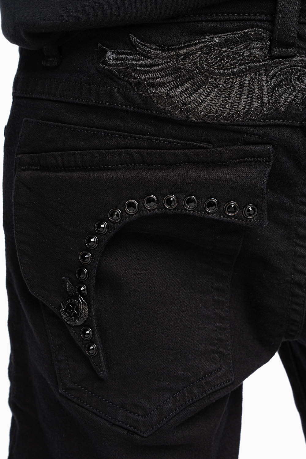 KILLER FLAP MENS SLIM JEANS IN PURE BLACK WASH WITH LARGE JET BLK CRYSTALS - Image 7