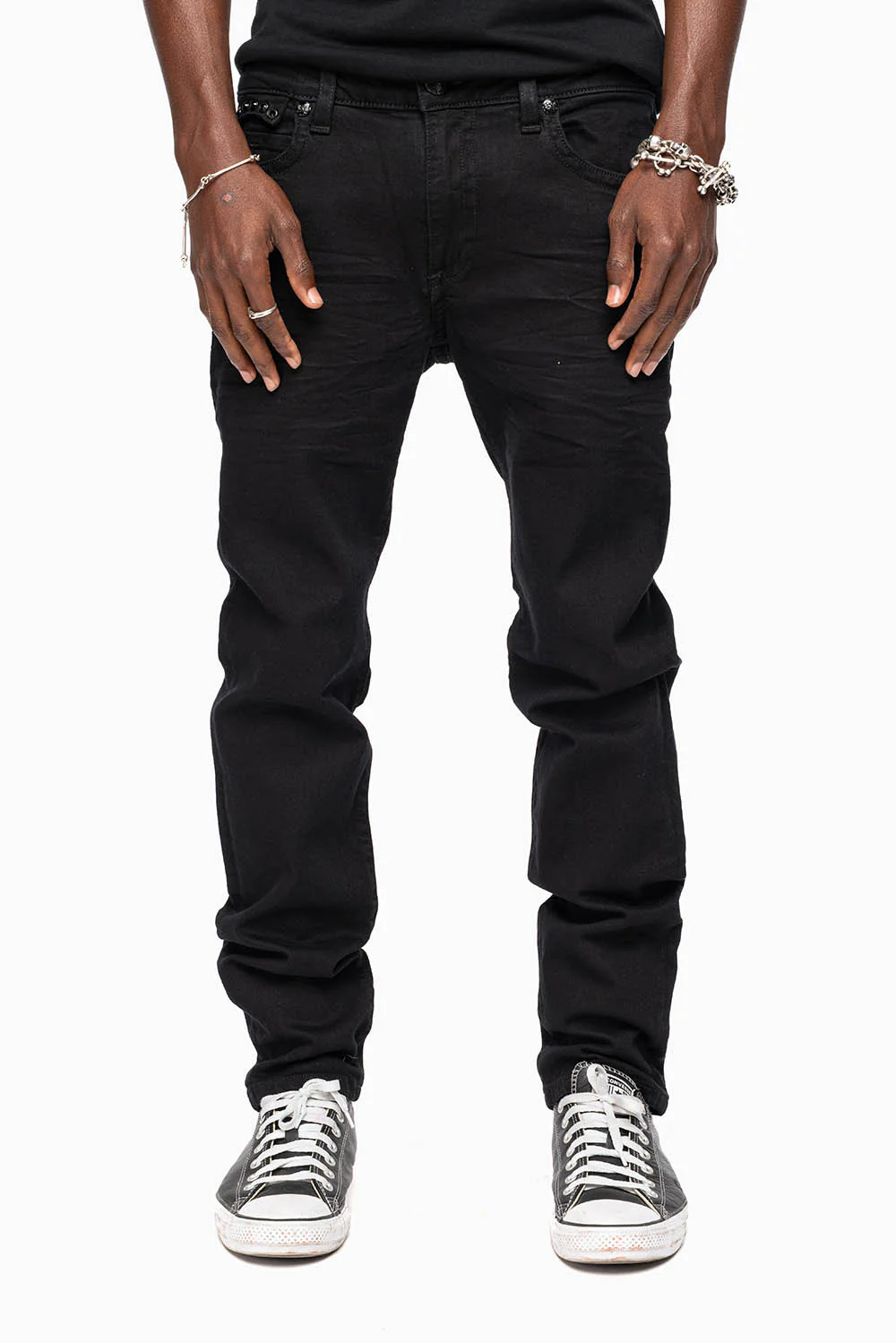 KILLER FLAP MENS SLIM JEANS IN PURE BLACK WASH WITH LARGE JET BLK CRYSTALS - Image 8