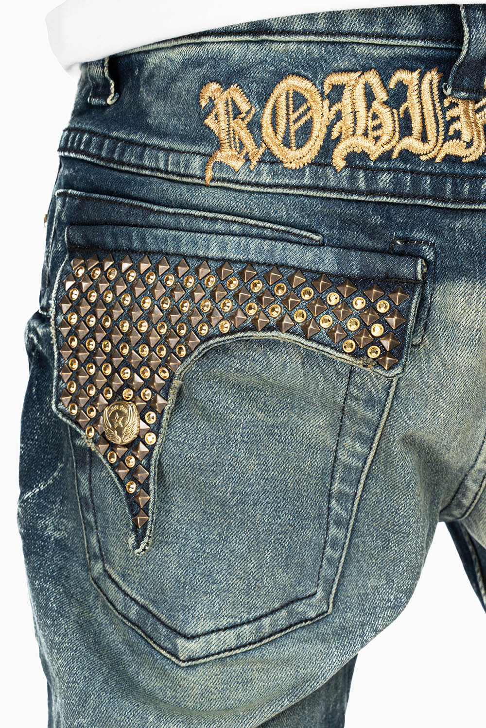 KILLER FLAP MENS STRAIGHT LEG JEAN IN 4D DARK BLUE WASH EMBELLISHED WITH CRYSTALS - Image 2