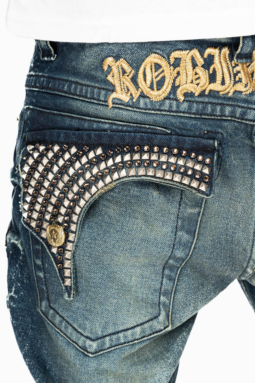 KILLER FLAP MENS STRAIGHT LEG JEAN IN 4D DARK BLUE WASH WITH STUDS AND CRYSTALS - Image 2