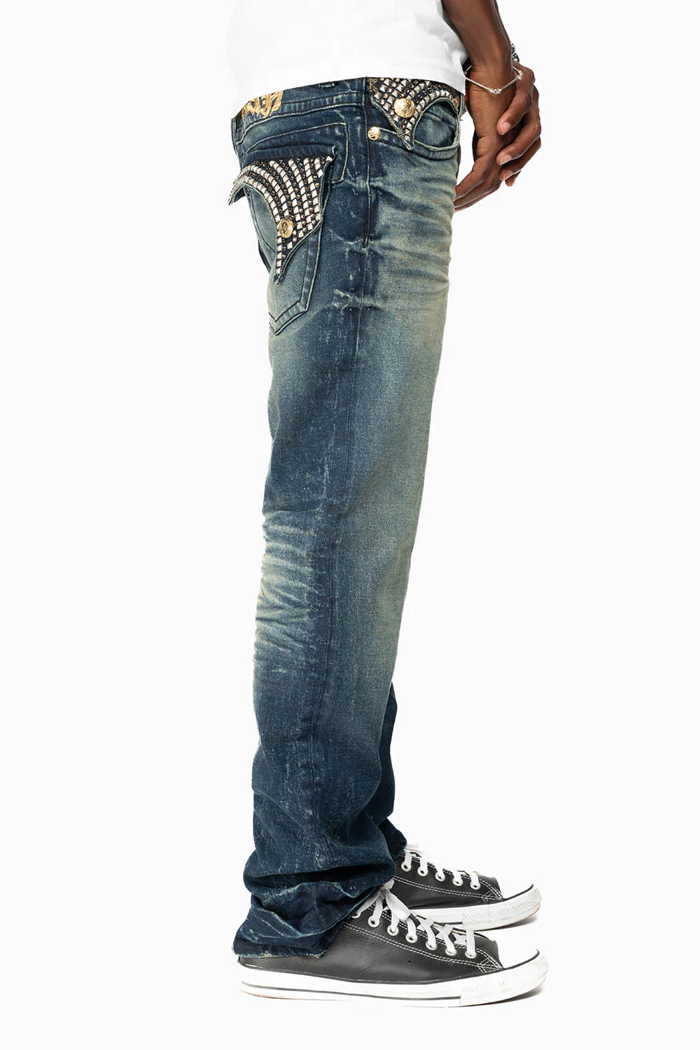 KILLER FLAP MENS STRAIGHT LEG JEAN IN 4D DARK BLUE WASH WITH STUDS AND CRYSTALS - Image 3