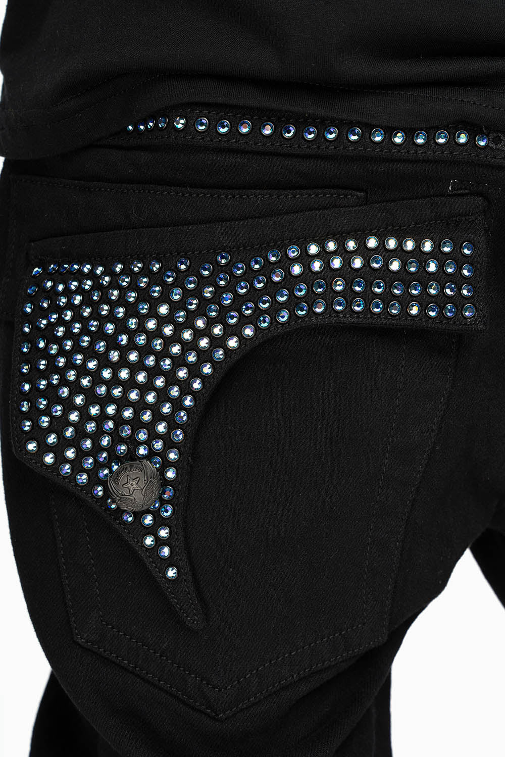 KILLER FLAP MENS STRAIGHT LEG JEAN IN BLACK FULLY EMBELLISHED WITH SAPPHIRE CRYSTALS - Image 2