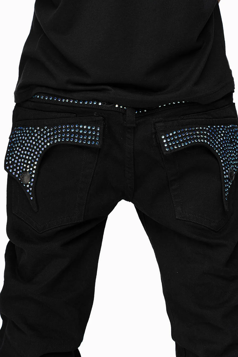 KILLER FLAP MENS STRAIGHT LEG JEAN IN BLACK FULLY EMBELLISHED WITH SAPPHIRE CRYSTALS - Image 3