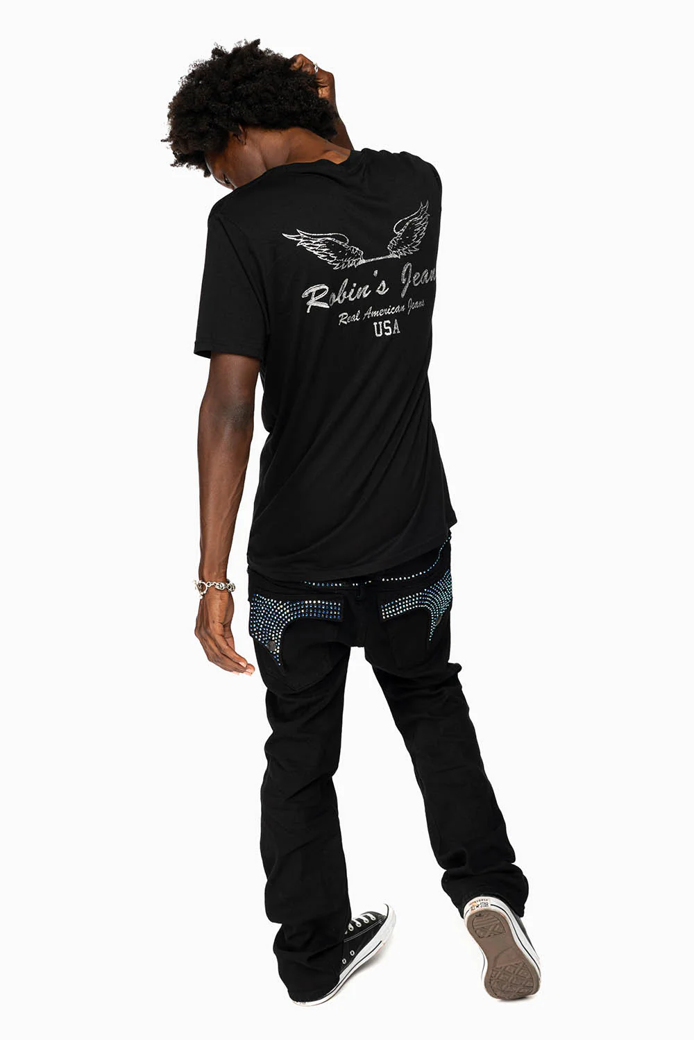 KILLER FLAP MENS STRAIGHT LEG JEAN IN BLACK FULLY EMBELLISHED WITH SAPPHIRE CRYSTALS - Image 4