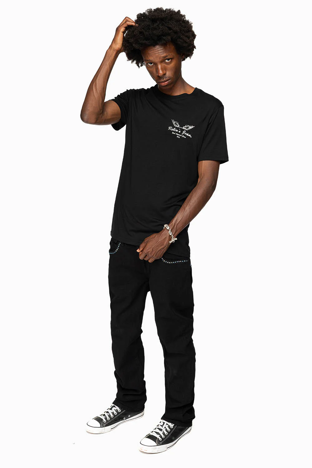 KILLER FLAP MENS STRAIGHT LEG JEAN IN BLACK FULLY EMBELLISHED WITH SAPPHIRE CRYSTALS - Image 5
