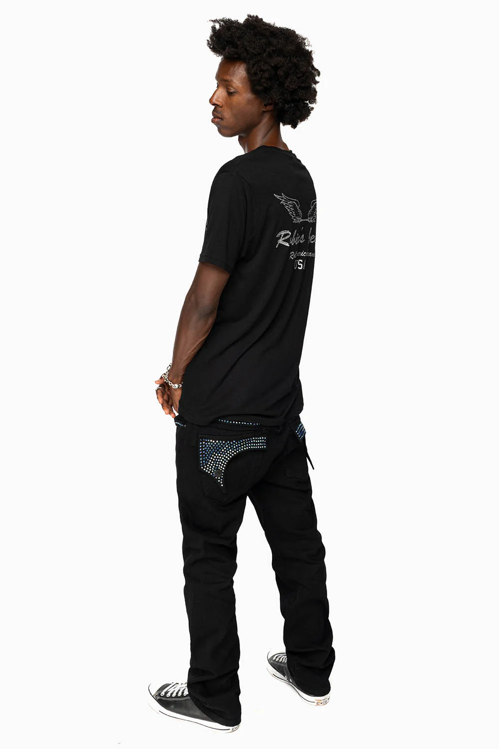 KILLER FLAP MENS STRAIGHT LEG JEAN IN BLACK FULLY EMBELLISHED WITH SAPPHIRE CRYSTALS - Image 6