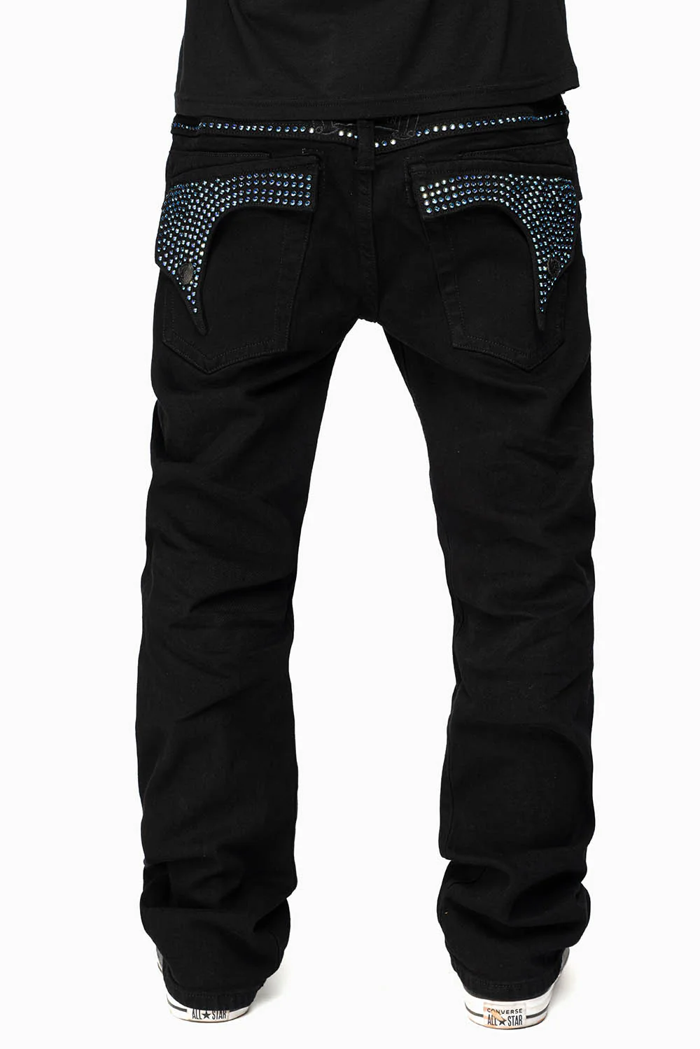 KILLER FLAP MENS STRAIGHT LEG JEAN IN BLACK FULLY EMBELLISHED WITH SAPPHIRE CRYSTALS - Image 7