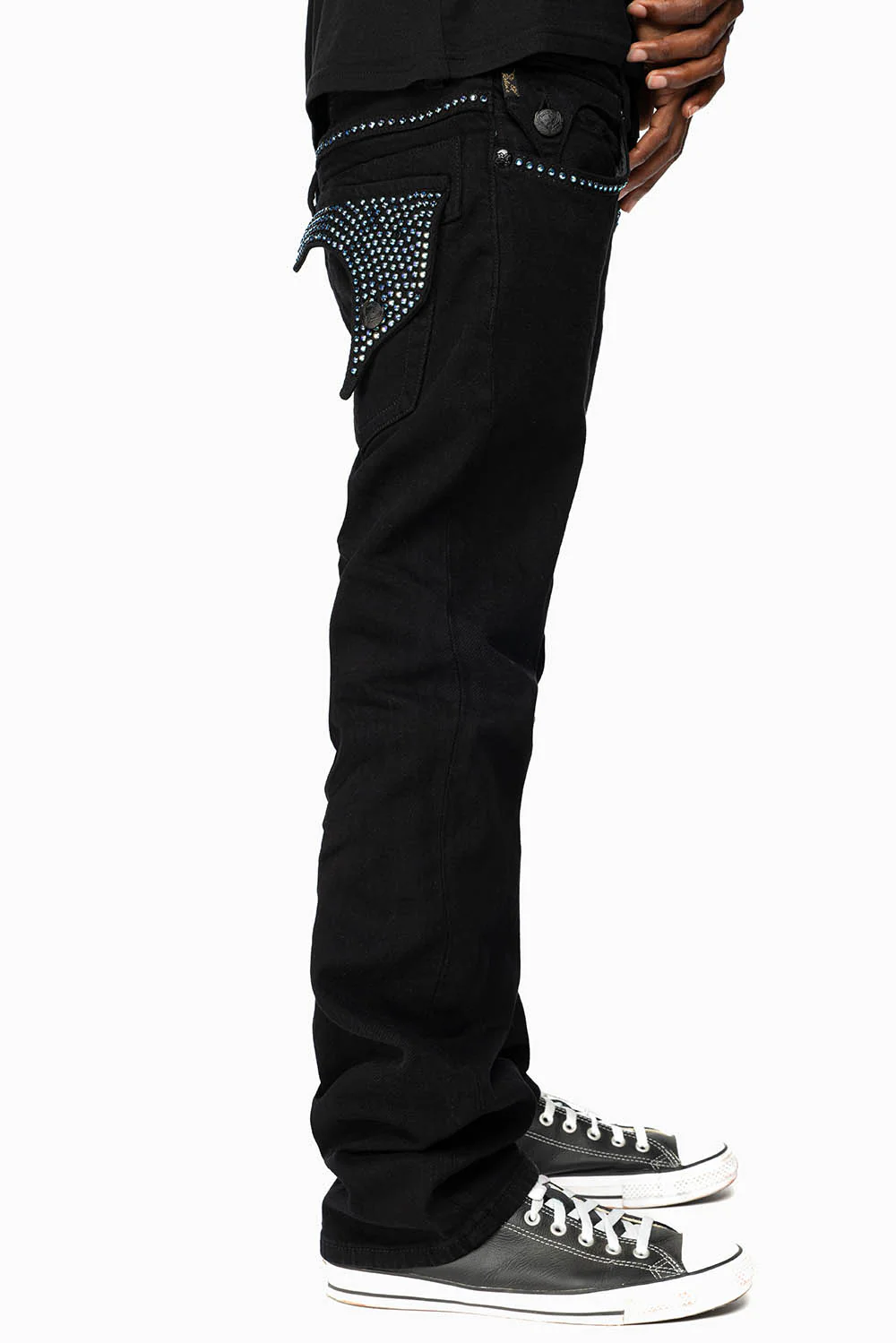 KILLER FLAP MENS STRAIGHT LEG JEAN IN BLACK FULLY EMBELLISHED WITH SAPPHIRE CRYSTALS - Image 8