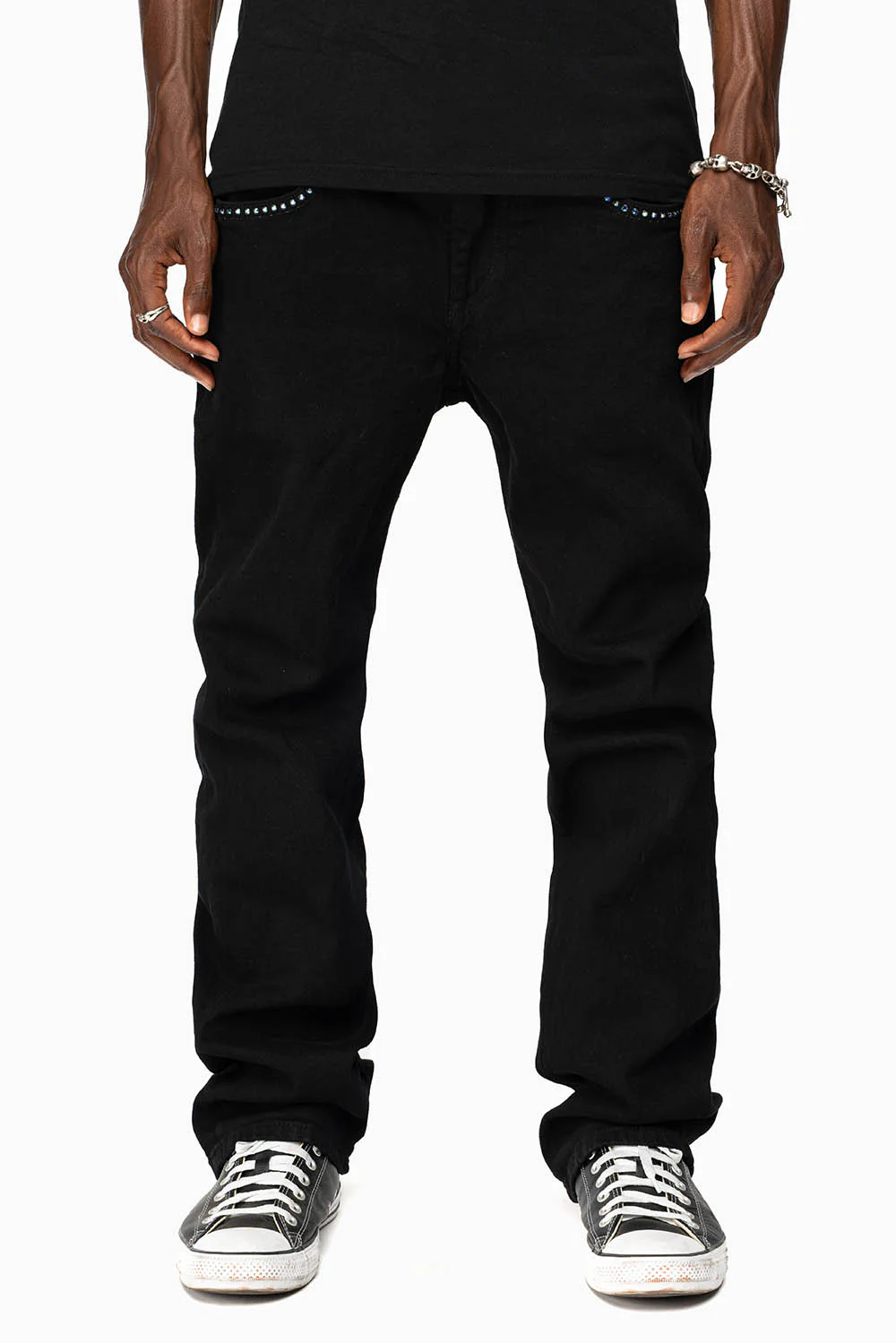 KILLER FLAP MENS STRAIGHT LEG JEAN IN BLACK FULLY EMBELLISHED WITH SAPPHIRE CRYSTALS - Image 9