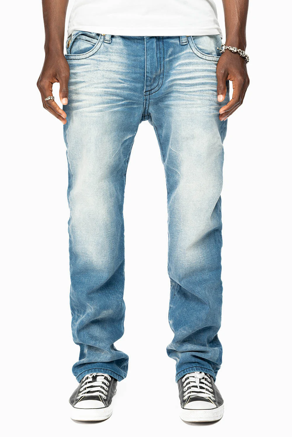 KILLER FLAP MENS STRAIGHT LEG JEAN IN BLUE OMAHA MED FULLY EMBELLISHED WITH CLEAR CRYSTALS - Image 3
