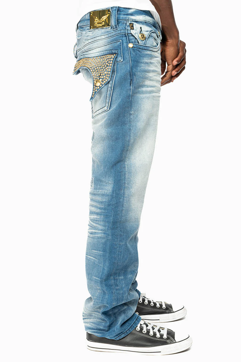 KILLER FLAP MENS STRAIGHT LEG JEAN IN BLUE OMAHA MED FULLY EMBELLISHED WITH CLEAR CRYSTALS - Image 4