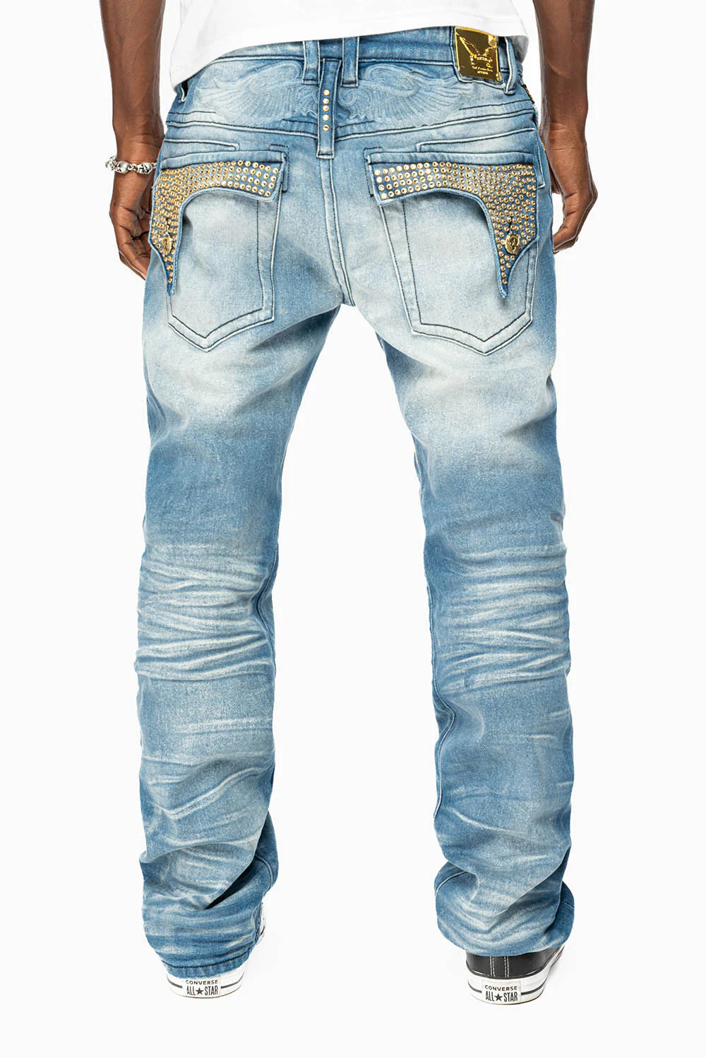 KILLER FLAP MENS STRAIGHT LEG JEAN IN BLUE OMAHA MED FULLY EMBELLISHED WITH CLEAR CRYSTALS - Image 5