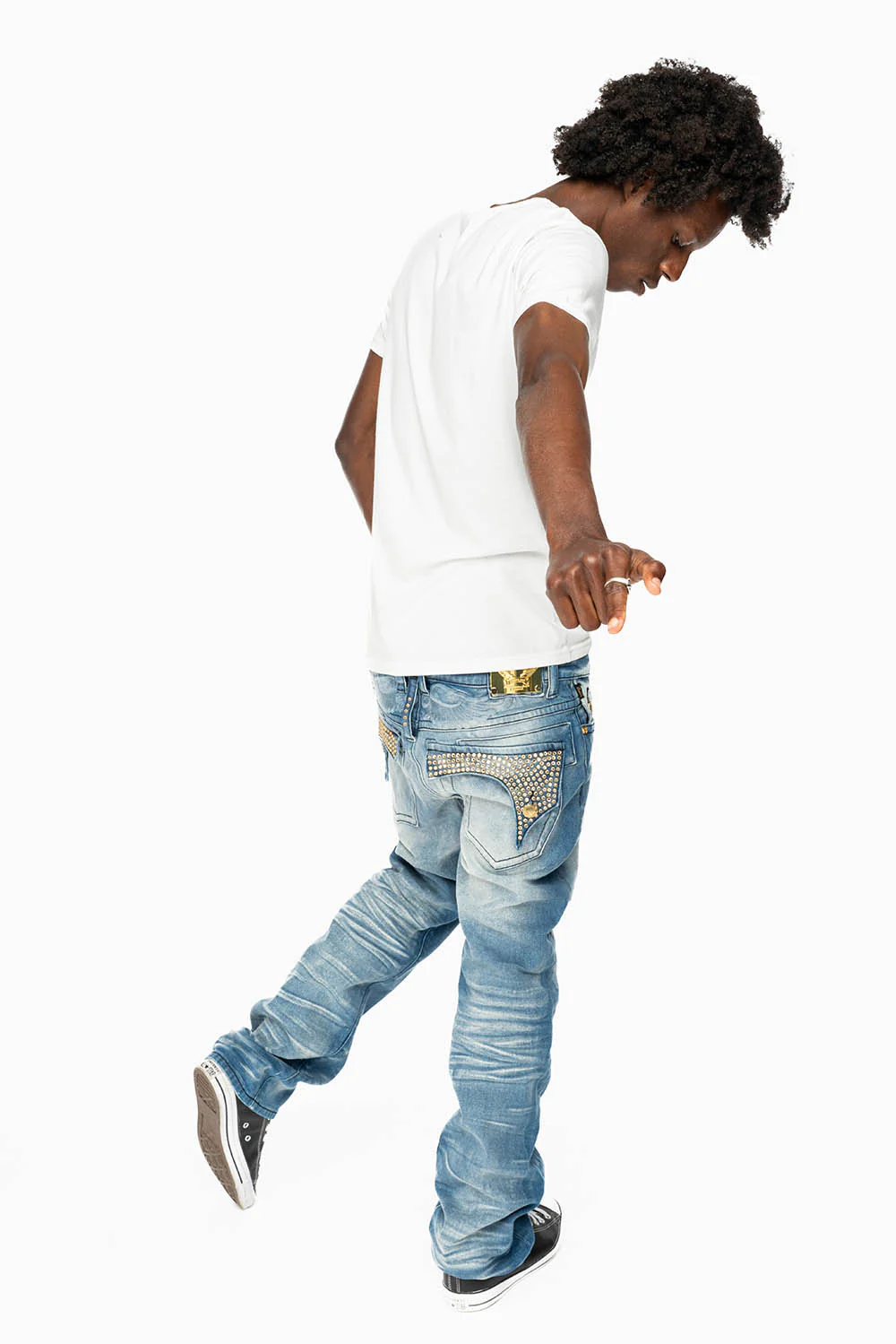 KILLER FLAP MENS STRAIGHT LEG JEAN IN BLUE OMAHA MED FULLY EMBELLISHED WITH CLEAR CRYSTALS - Image 7
