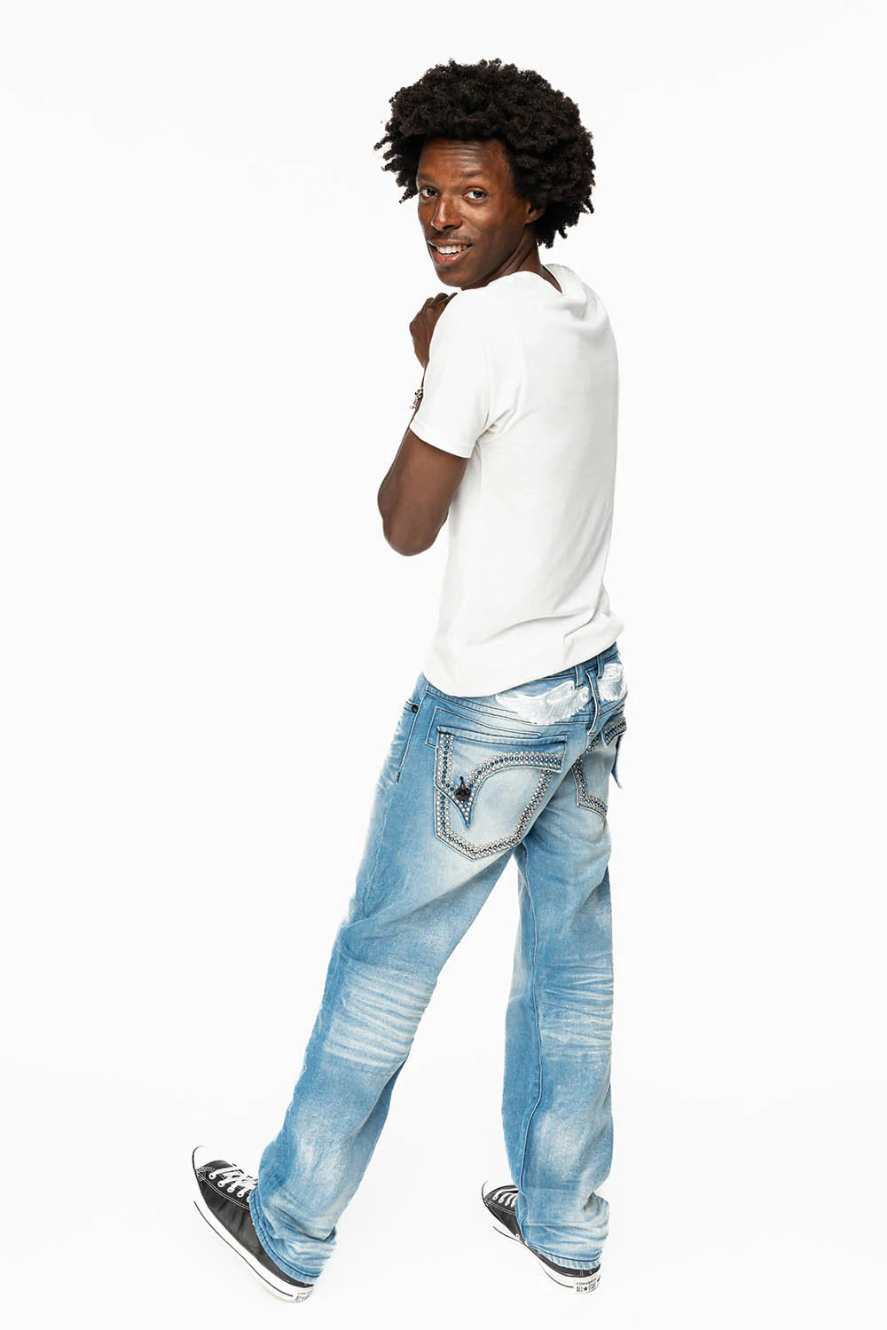 MENS STRAIGHT LEG JEAN IN OMAHA LIGHT BLUE WASH EMBELLISHED WITH CLEAR AND SAPPHIRE  CRYSTALS