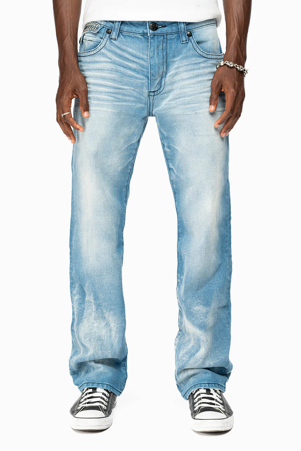 MENS STRAIGHT LEG JEAN IN OMAHA LIGHT BLUE WASH EMBELLISHED WITH CLEAR AND SAPPHIRE  CRYSTALS - Image 3