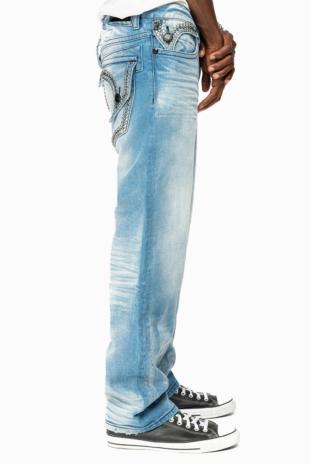 MENS STRAIGHT LEG JEAN IN OMAHA LIGHT BLUE WASH EMBELLISHED WITH CLEAR AND SAPPHIRE  CRYSTALS - Image 4