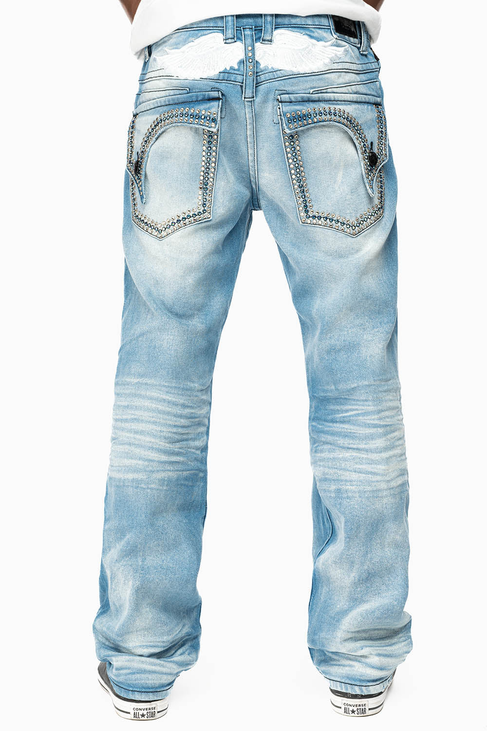 MENS STRAIGHT LEG JEAN IN OMAHA LIGHT BLUE WASH EMBELLISHED WITH CLEAR AND SAPPHIRE  CRYSTALS - Image 5