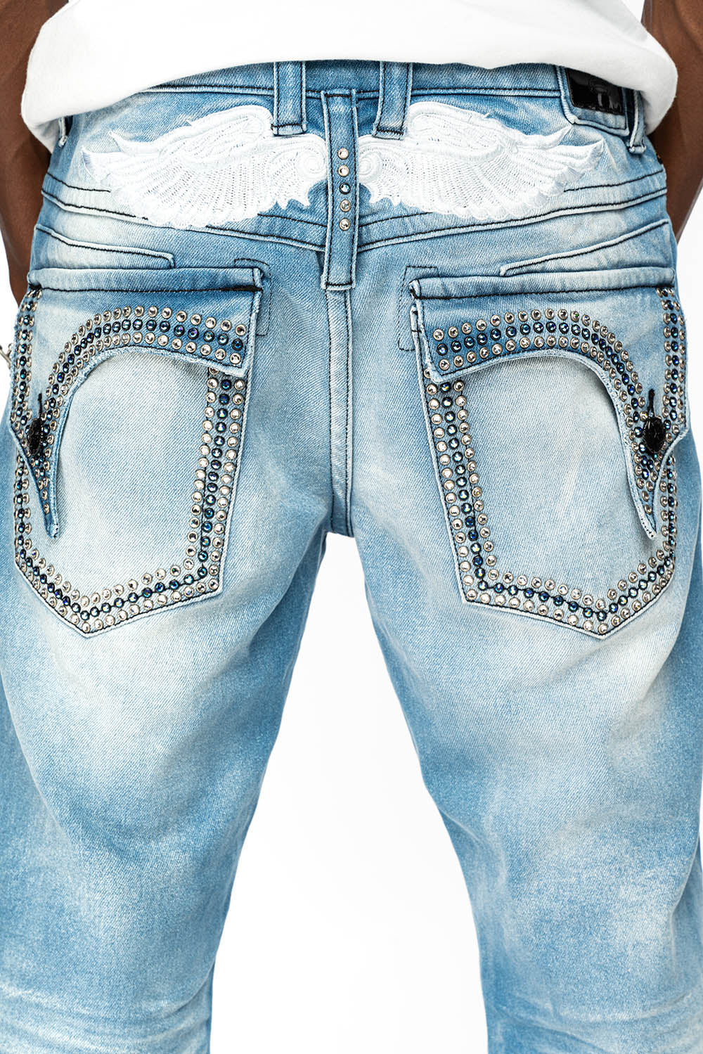 MENS STRAIGHT LEG JEAN IN OMAHA LIGHT BLUE WASH EMBELLISHED WITH CLEAR AND SAPPHIRE  CRYSTALS - Image 6