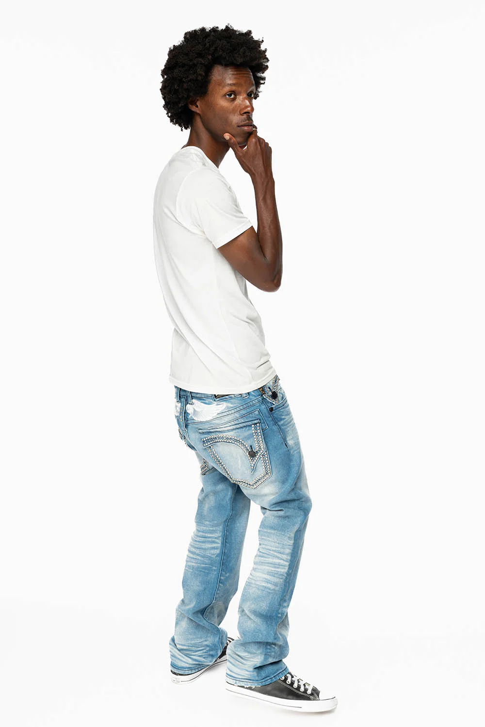 MENS STRAIGHT LEG JEAN IN OMAHA LIGHT BLUE WASH EMBELLISHED WITH CLEAR AND SAPPHIRE  CRYSTALS - Image 9