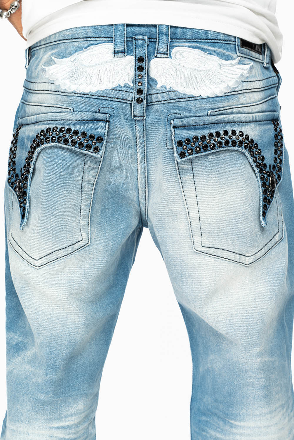 KILLER FLAP MENS STRAIGHT LEG JEAN IN OMAHA LIGHT BLUE WASH EMBELLISHED WITH J CRYSTAL - Image 2