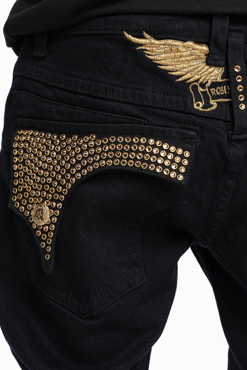 KILLER FLAP MENS STRAIGHT LEG JEAN IN PURE BLACK EMBELLISHED WITH SMOKEY TOPAZ CRYSTALS - Image 2