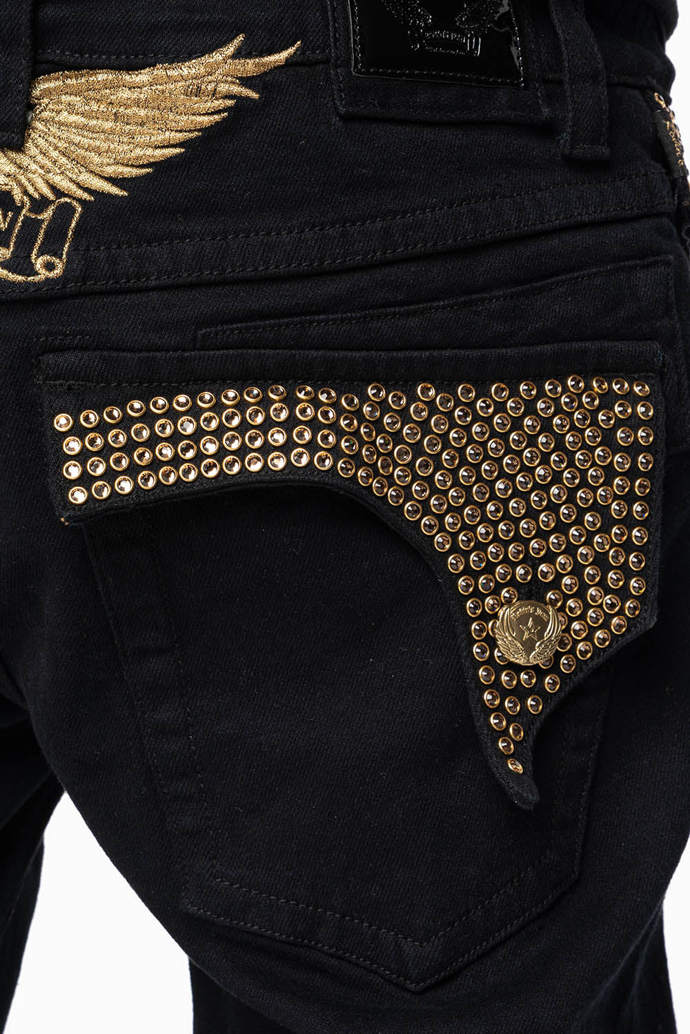 KILLER FLAP MENS STRAIGHT LEG JEAN IN PURE BLACK EMBELLISHED WITH SMOKEY TOPAZ CRYSTALS - Image 3