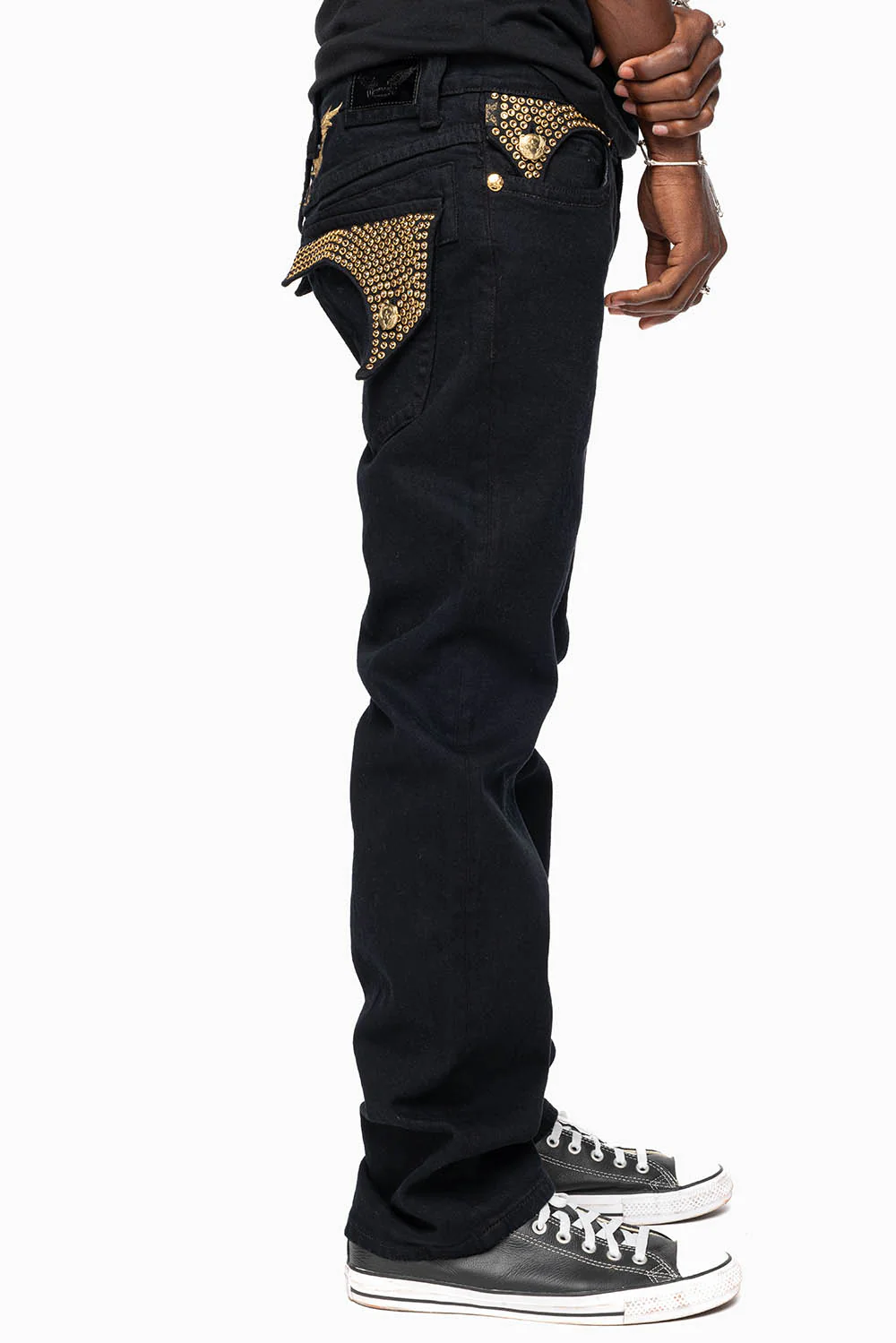 KILLER FLAP MENS STRAIGHT LEG JEAN IN PURE BLACK EMBELLISHED WITH SMOKEY TOPAZ CRYSTALS - Image 4