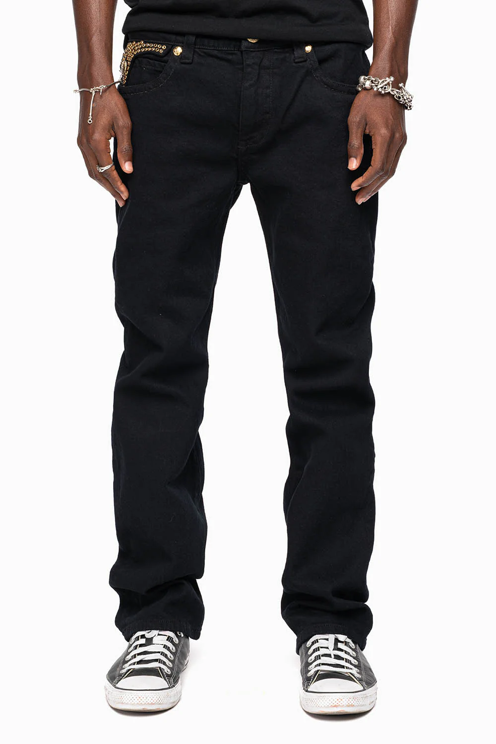 KILLER FLAP MENS STRAIGHT LEG JEAN IN PURE BLACK EMBELLISHED WITH SMOKEY TOPAZ CRYSTALS - Image 5