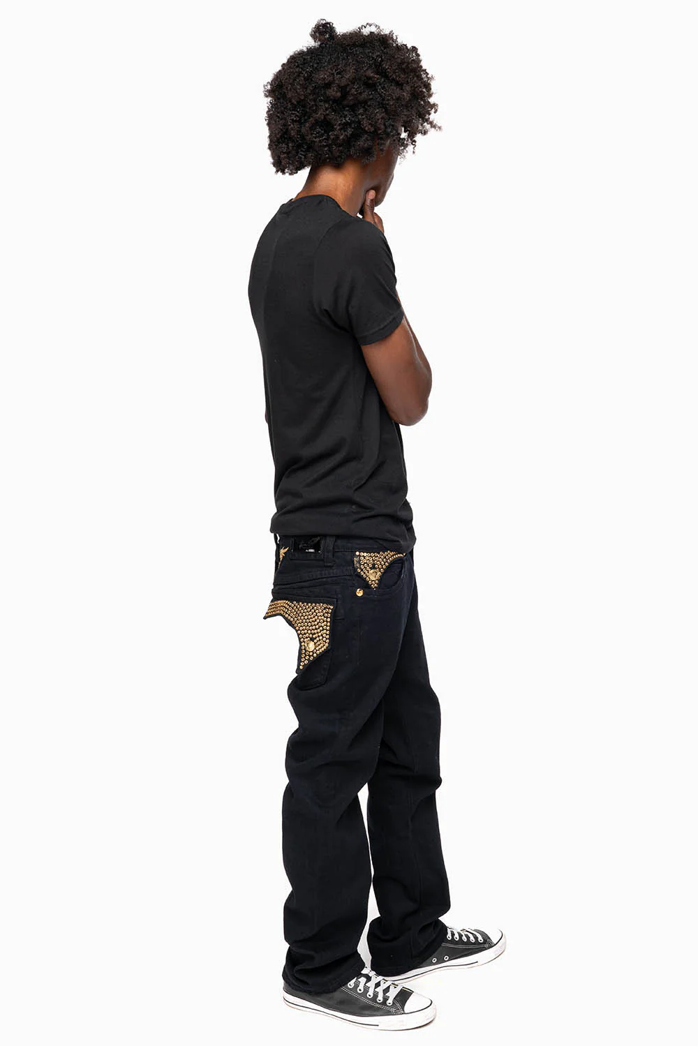 KILLER FLAP MENS STRAIGHT LEG JEAN IN PURE BLACK EMBELLISHED WITH SMOKEY TOPAZ CRYSTALS - Image 7