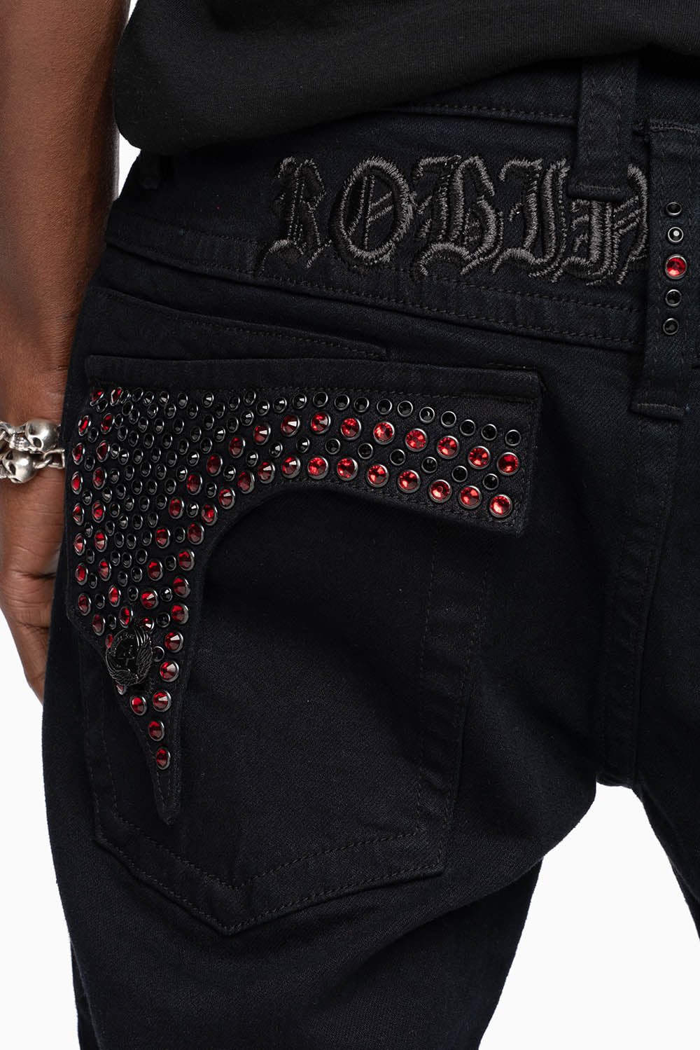 KILLER FLAP SKINNY JEANS FULLY EMBELISHED WITH CRYSTALS IN PURE BLACK WITH GOTHIC EMBROIDERY - Image 2
