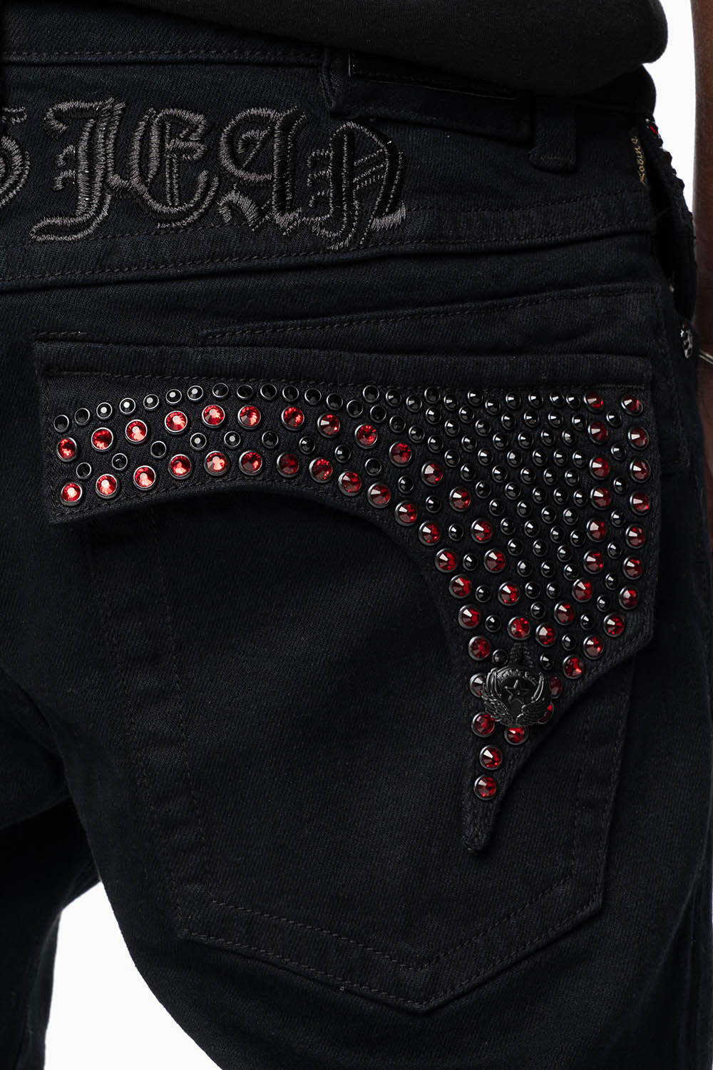 KILLER FLAP SKINNY JEANS FULLY EMBELISHED WITH CRYSTALS IN PURE BLACK WITH GOTHIC EMBROIDERY - Image 3