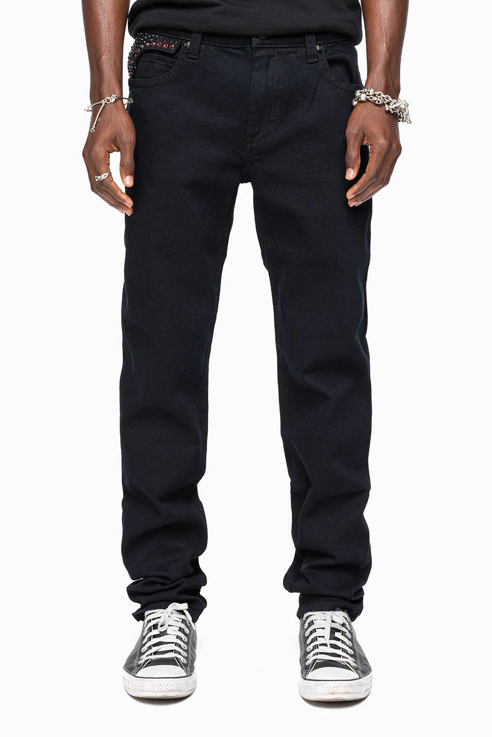 KILLER FLAP SKINNY JEANS FULLY EMBELISHED WITH CRYSTALS IN PURE BLACK WITH GOTHIC EMBROIDERY - Image 4