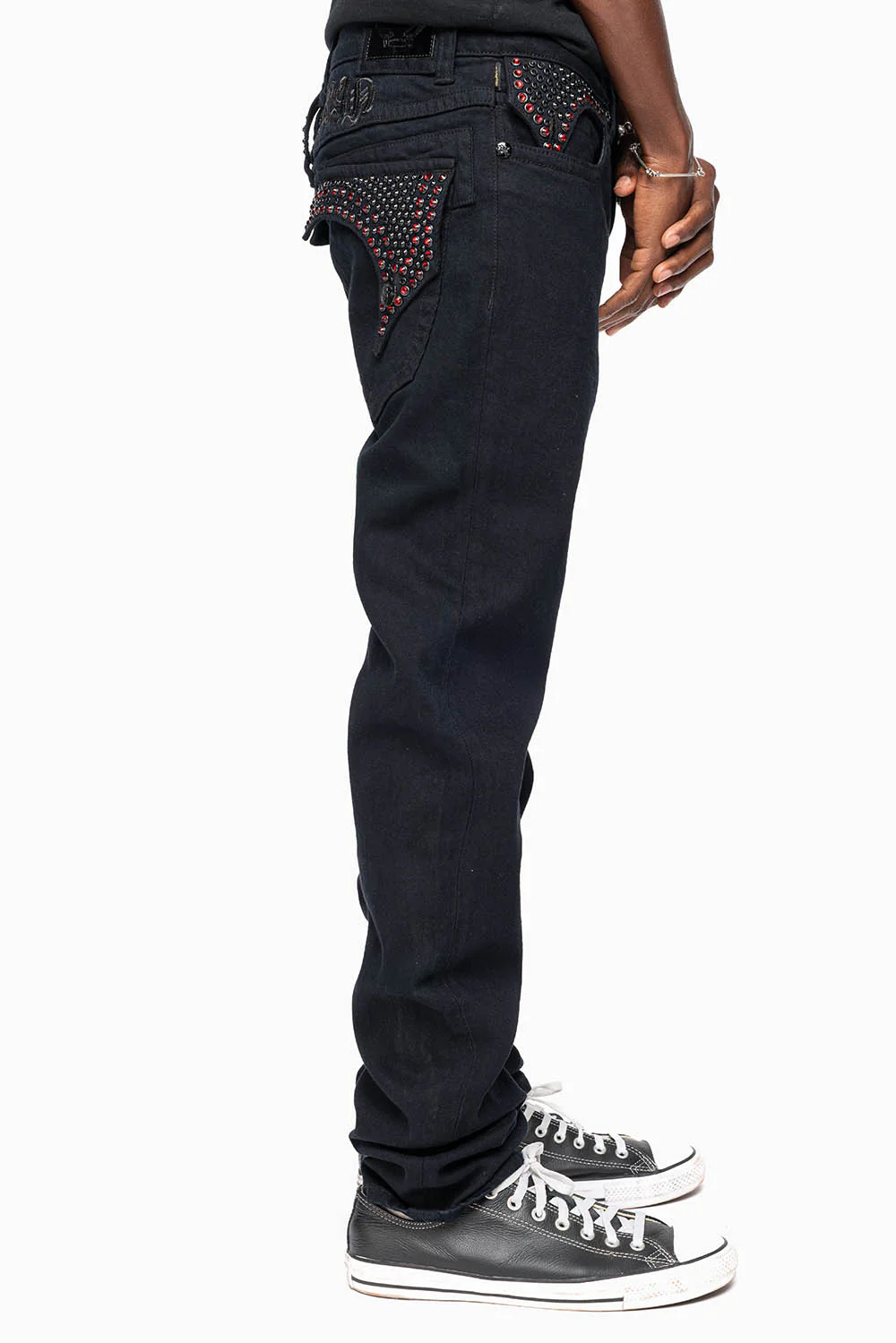 KILLER FLAP SKINNY JEANS FULLY EMBELISHED WITH CRYSTALS IN PURE BLACK WITH GOTHIC EMBROIDERY - Image 5