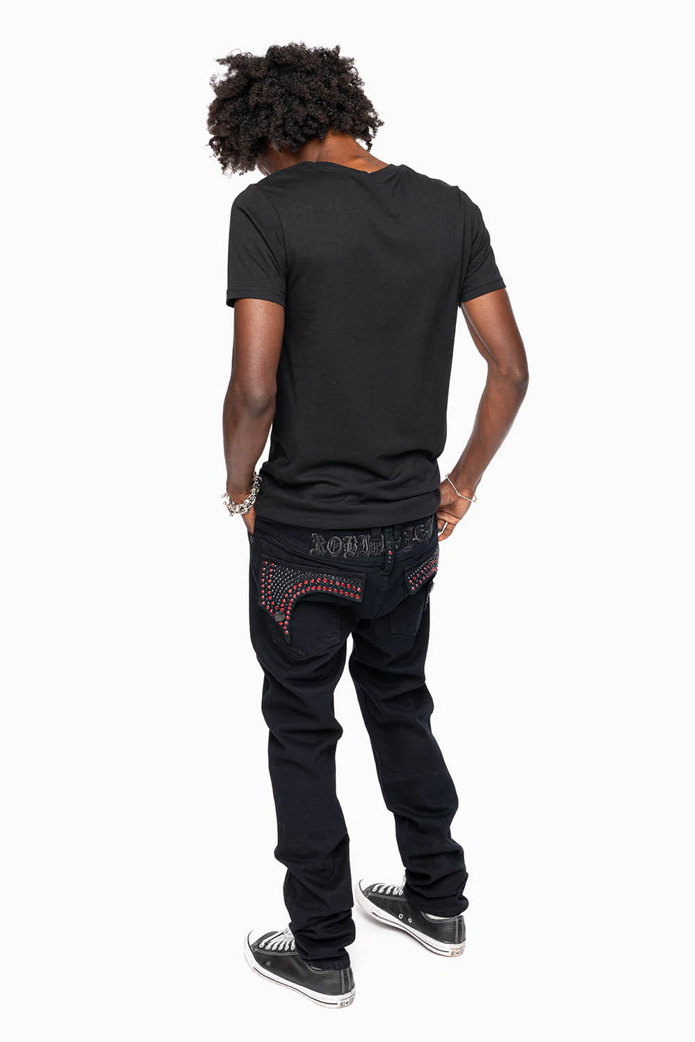 KILLER FLAP SKINNY JEANS FULLY EMBELISHED WITH CRYSTALS IN PURE BLACK WITH GOTHIC EMBROIDERY - Image 7