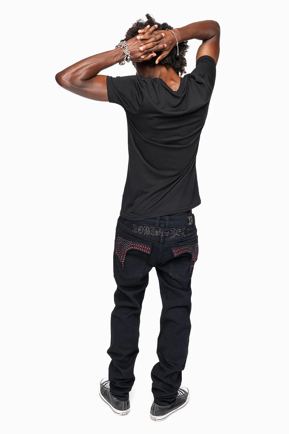 KILLER FLAP SKINNY JEANS FULLY EMBELISHED WITH CRYSTALS IN PURE BLACK WITH GOTHIC EMBROIDERY - Image 8